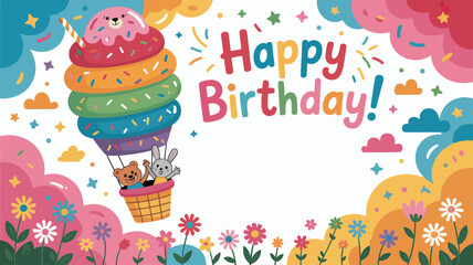 Fototapeta premium Birthday Hot Air Balloon with Bear and Bunny in Ice Cream Cloud celebration happy