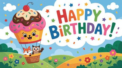 Fototapeta premium Cute Animals Celebrate Happy Birthday in Hot Air Balloon celebration