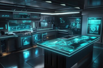 Futuristic kitchen with sleek, dark cabinetry and a central interactive table displaying cyan holographic data overlays on integrated appliances and wall panels