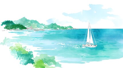 Obraz premium Serene watercolor seascape with sailboat