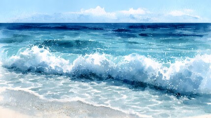 Fototapeta premium Beautifully Fluid Abstract Ocean Wave Design in Soft Blue and White, Highlighting a Tsunami Wave in Cartoon Style, Creating a Smooth Watercolor Splash That Evokes the Calm and Majesty of Tropical Wat