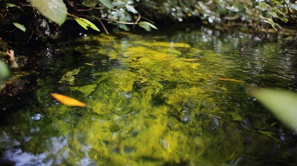 Obraz premium Tranquil water reflection with green foliage