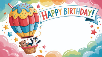 Cute hot air balloon with teddy bear and penguin happy birthday banner celebration