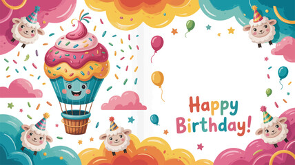 Obraz premium Cute Sheep and Cupcake Hot Air Balloon Happy Birthday Card celebration party