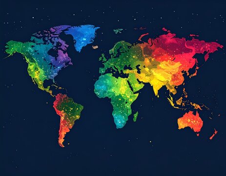 World Map in Vibrant Rainbow Colors world population concept