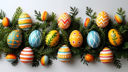 Easter flat lay arrangement featuring colorful eggs, willow branches, and pastel fabric overlay