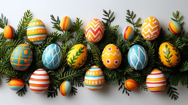 Easter flat lay arrangement featuring colorful eggs, willow branches, and pastel fabric overlay