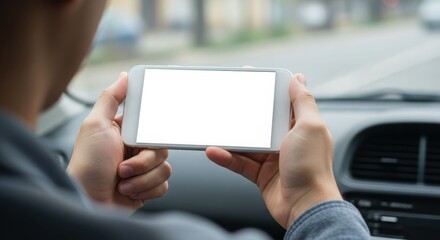 Person using a blank screen smartphone in a car.