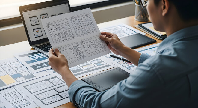 Person Reviewing UX Wireframes and Prototypes at Desk with Laptop and Printed Layouts &mdash; Mobile and Web Design Workflow, Usability Testing Session