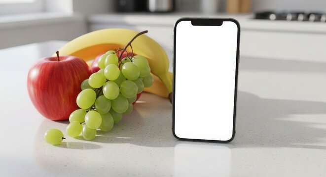 Fresh fruit and smartphone on kitchen counter, blank screen.