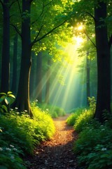 Sun-dappled forest path winding through lush green canopy, sunlight filtering through leaves, creating magical atmosphere , sunlight, sunlight