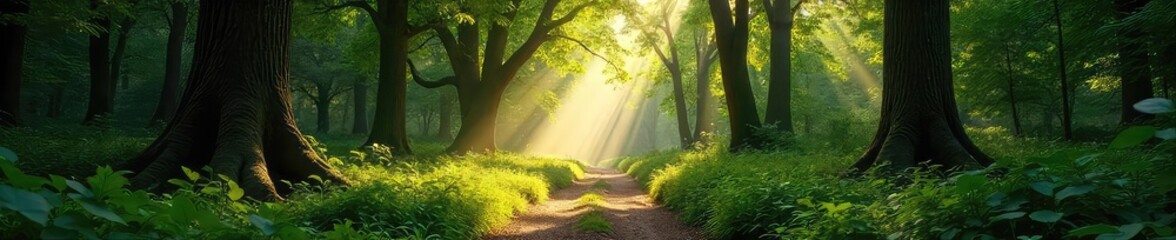 Obraz premium Sun-dappled forest path winds through ancient trees, sunlight filtering through leaves, creating a magical atmosphere Discover the serenity of untouched wilderness , shadows, wild