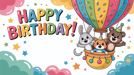 Obraz premium Happy Birthday greeting with cute animals in a hot air balloon celebration