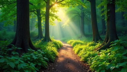 Obraz premium Sun-dappled forest path winding through lush green foliage, leading into the mysterious depths of the woods Sunlight streams through the canopy, illuminating the path ahead , trees, branches