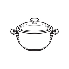 Saucepan Illustration: A detailed black and white illustration of a classic saucepan, showcasing its elegant design and functional features.