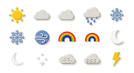 Obraz premium Weather Icons Set: Sun, Clouds, Rain, Snowflakes, Wind, Rainbows, Moon, Stars, Lightning