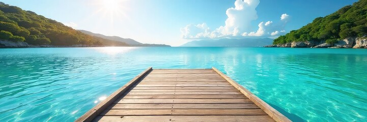 Obraz premium Sun-drenched dock extending over calm, turquoise water Perfect summer day at the lake or ocean Ideal for travel, vacation, and relaxation imagery , wood, summer day, turquoise