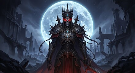 Dark Figure Under Full Moon in Ruined Landscape.