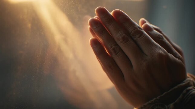 A pair of hands gently folded in prayer close-up 