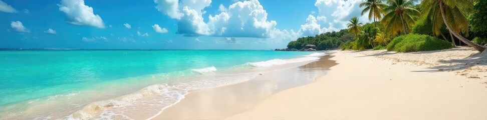 Fototapeta premium Sun-kissed sand, turquoise water lapping gently at the shore, a postcard-perfect tropical beach scene ideal for travel brochures and websites promoting idyllic getaways , sun, palm trees