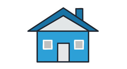 Blue home graphic design with a simple roof line, chimney and a traditional door providing a feeling of shelter and safety