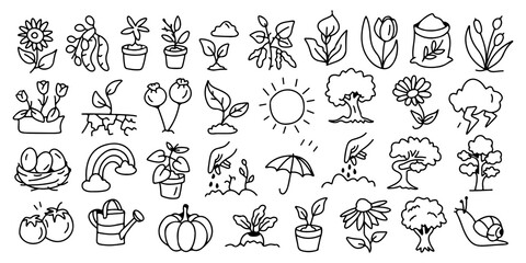 Hand drawn gardening and nature doodle icon set, plants, flowers, trees, vegetables, sun, watering can, eco farming illustration isolated on white background