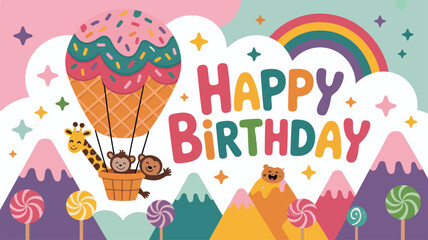 Obraz premium Happy birthday hot air balloon with giraffe and monkeys and candy mountains celebration