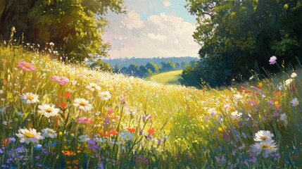 Fototapeta premium A vibrant meadow filled with colorful wildflowers, basking in sunlight, leading to a distant horizon under a bright blue sky.