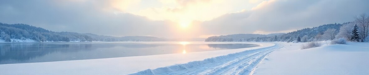 Obraz premium Vast, snow-covered landscape stretches to the horizon under a pale winter sun Frozen lake reflects the sky, untouched by footprints A scene of serene, expansive winter beauty , nature, serene