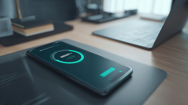 Close-up of a smartphone screen showing a software update progress bar, representing technology advancement and digital innovation in a modern workspace setting.
