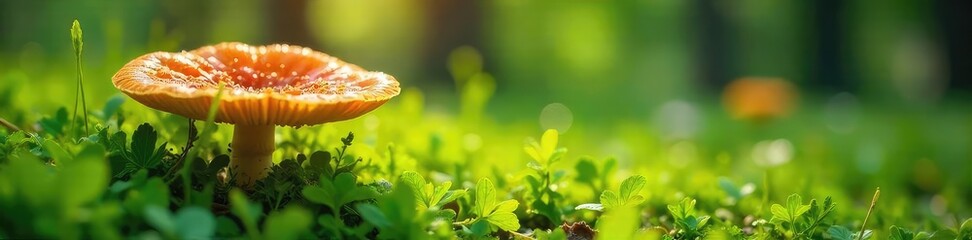 Vibrant orange and yellow mushrooms thrive in the lush green summer grass, sunlight dappling through leaves A captivating scene of fungal growth in its natural habitat , orange, idyllic, yellow