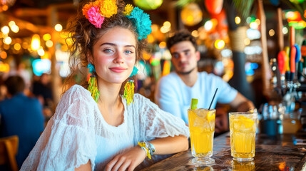 Beautiful woman in a bar. A guy is looking at her. He fell in love