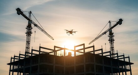 Construction Site with Drones and Cranes.