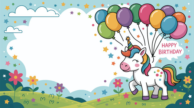 Happy Birthday unicorn with balloons and copy space in a meadow party celebration