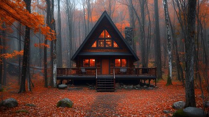 Illuminated A-frame cabin in autumn forest.