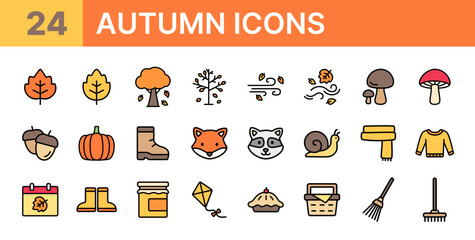 Collection of fall icons such as autumn tree, fox, scarf, sweater, acorn, and broom in colored outline style. Perfect for seasonal graphics, cozy autumn projects, and nature-inspired visuals.