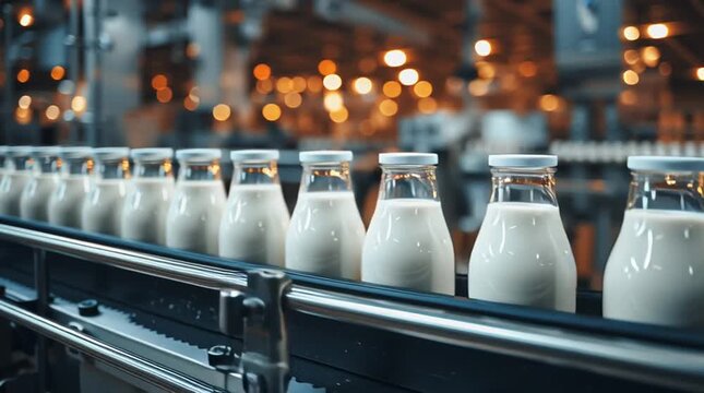 Plant-based milk or kefir or yogurt production on conveyor belt with modern industrial setup
