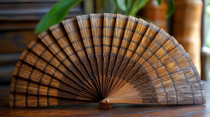 Ornate wooden hand fan on a table.