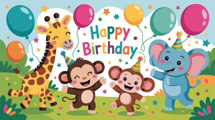 Naklejka premium Happy Birthday with Giraffe, Monkeys, and Elephant Party celebration animals