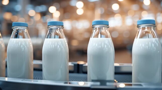 Plant-based milk or kefir or yogurt production on conveyor belt with modern industrial setup