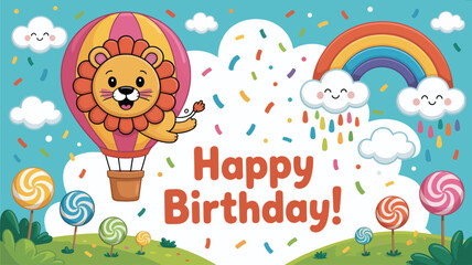 Happy Birthday with lion in hot air balloon and lollipops celebration greeting