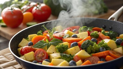 A pan of steaming, colorful vegetables, including carrots, broccoli, and tomatoes, ready to be eaten.