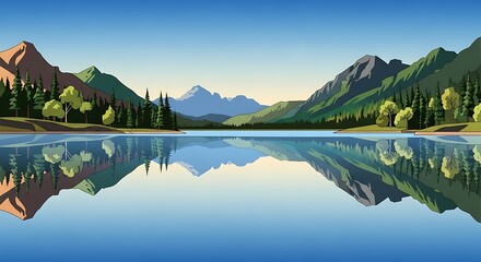 A serene lake reflects mountains and trees under a clear blue sky in a symmetrical composition style