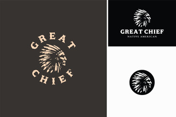 Rustic American Native Indigenous Old Man wearing headdress, Vintage Indian Tribe Chief Silhouette Illustration Badge Label logo design