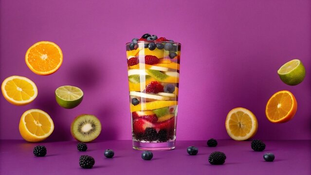 A vibrant glass filled with layered fruit, surrounded by floating fruit slices against a purple background. - Powered by Adobe