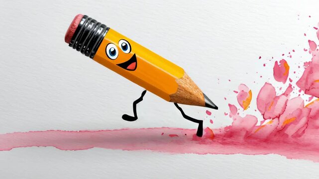 Animated pencil character joyfully running across a watercolor background, leaving a trail of vibrant pink petals, showcasing a playful and whimsical motion sequence in a creative environment