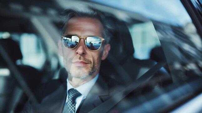 Confident businessman wearing sunglasses is gazing thoughtfully out of a car window