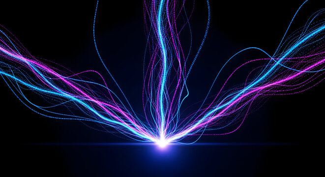 Intersecting Neon Energy Waves in Pink and Cyan on Black Background — High‑Energy Light Trails, Abstract Motion and Electric Particle Sparks