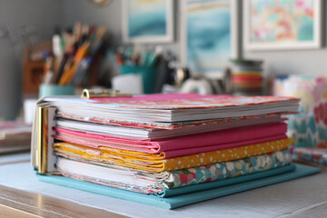 Colorful stack of journals  notebooks, a symbol of creativity and organization. Ideal for illustrating planning, memory keeping, or creative projects.