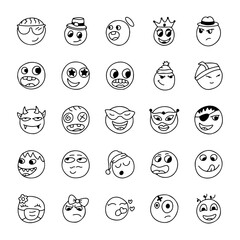 Hand drawn emoji set, funny doodle emoticons, cartoon faces with different expressions, sketch style smiley icons collection, outline black and white vector illustration pack